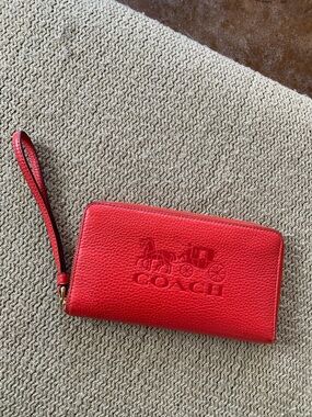 Coach Red Pebbled Leather Wristlet Wallet with Embossed Coach Logo